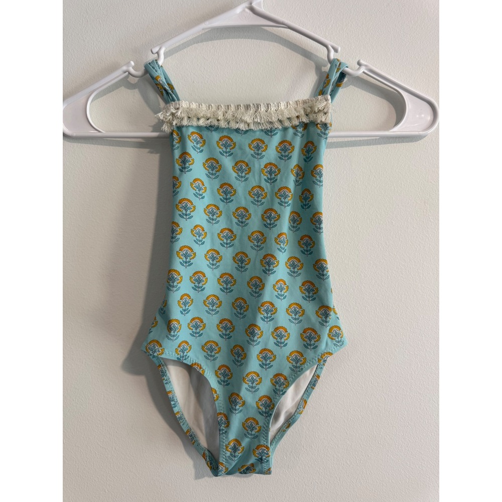 El Corte Ingles Floral One Piece Swimsuit girls 3-4 Turquoise Fringe Trim swim